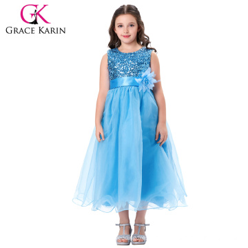 Grace Karin Sleeveless Sequins Voile Blue Baby girls vestido de bola vestidos CL007596-1